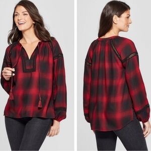 Knox Rose Plaid Peasant Popover Blouse Top V Neck Notch Red Black Women's Small